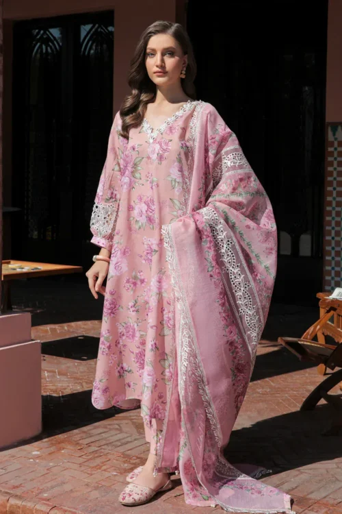 3-Pcs Floral Pink Luxury Embroidered Airjet Lawn Suit by Baroque