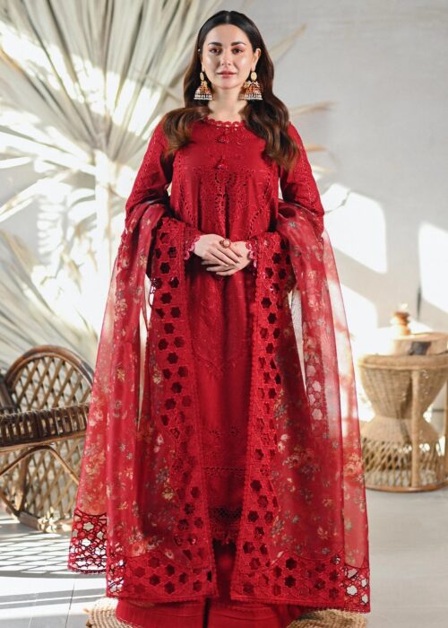 3-Pcs Crimson Red Schiffli Embroidered Luxury Lawn Suit by Qalamkar